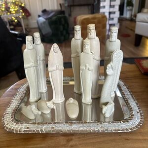 Elegant Cream soapstone Nativity Figurine Set with tiled tray 13 piece set
